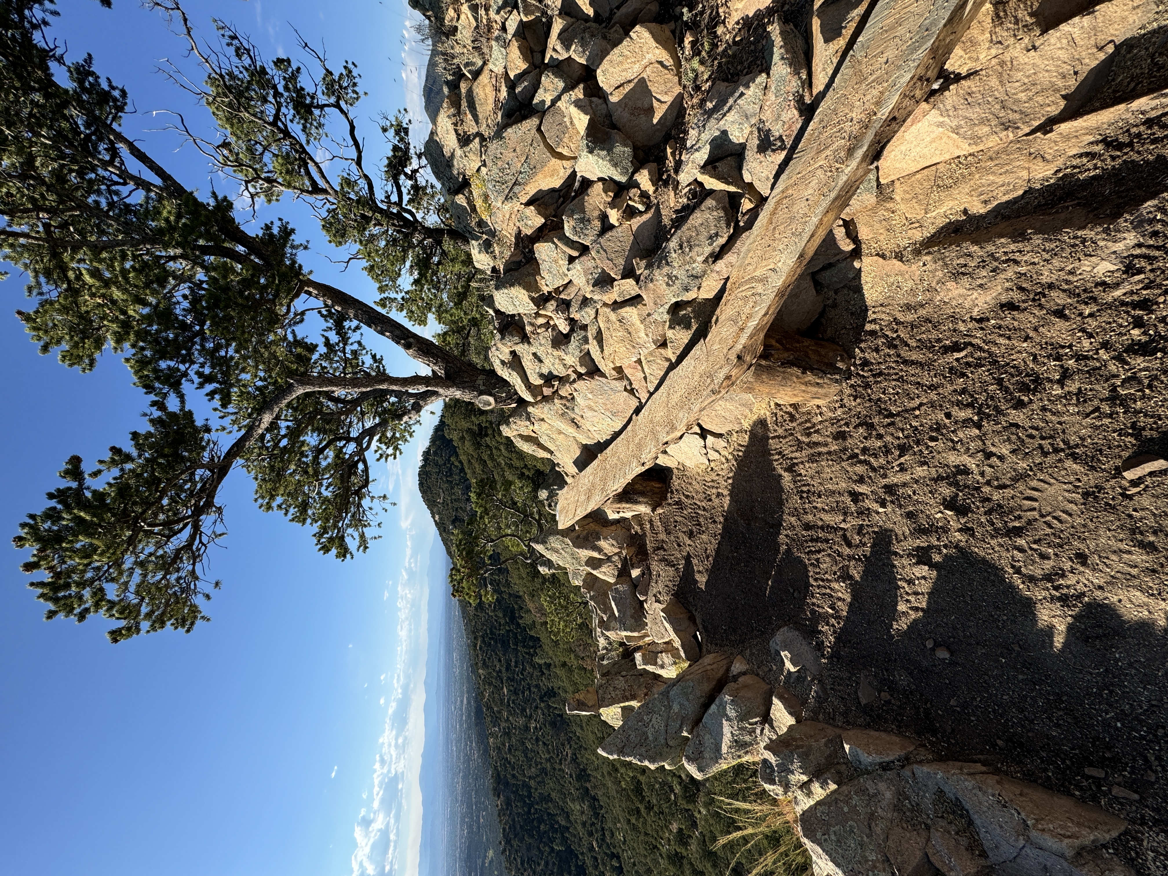 Stone wall detail — timber beam integrated into dry-stacked wall, piñon tree